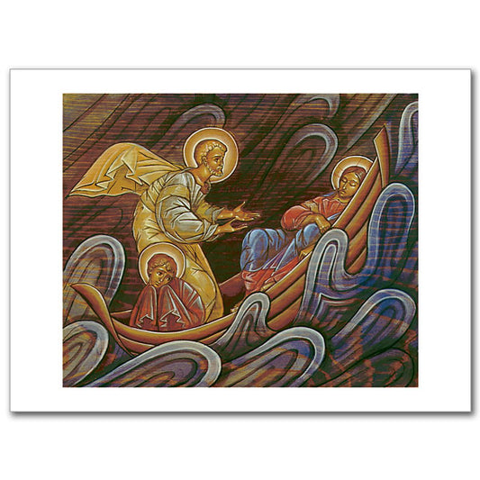 This very dramatic icon shows Jesus asleep in the boat, Peter pleading with Him to save them, and John huddled in fear. See Matthew 8:23-27, Mark 4:35-41, or Luke 8:22-25. The image is a wonderful aid to prayer and meditation because we can so readily identify with both disciples! Card size 4 3/8&quot; x 6&quot;.