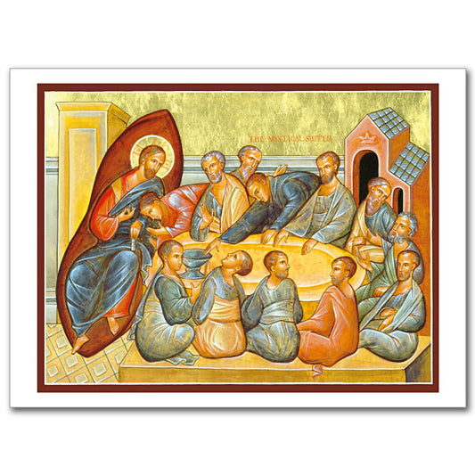 In &ldquo;The Mystical Supper&quot;, Jesus dines with his apostles in this traditional image of the Last Supper. The beloved disciple reclines against the Lord, Peter proclaims his loyalty, while Judas reaches for the dish. This icon would grace any Christian dining room and is the symbol of one of the most important events in the Gospel. Card size 4 3/8&quot; x 6&quot;.