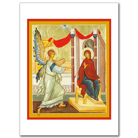 The icons in this collection recall important Marian feasts of the Church and famous visions or apparitions of Our Lady. &ldquo;The Annunciation&quot; depicts the dramatic moment described in Luke 1:28 when the angel Gabriel appears to Mary and announces the role she is to play in the birth of our Savior. Display this icon on March 25 and during Advent. Card size 4 3/8&quot; x 6&quot;.