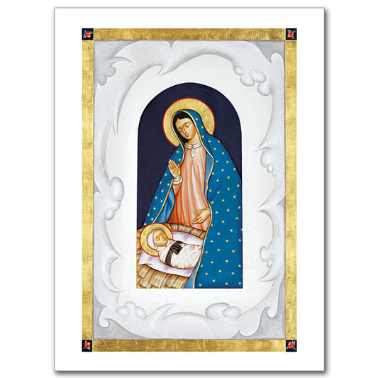 Two apparitions of Mary are the inspiration for this original icon. Our Lady of the Snows and Our Lady of Guadalupe both involved natural events at miraculously unnatural times: Snow in August showed Roman Christians where to build St. Mary Major. Roses in December helped Juan Diego convince a skeptical Bishop. Card size 4 3/8&quot; x 6&quot;.