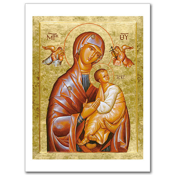 In this wonderful icon, Jesus clings to His mother for protection and love as angels bring reminders of His coming Passion. This image has been venerated since the fifteenth century and has been especially important for the Redemptorists since 1866. Card size 4 3/8&quot; x 6&quot;.