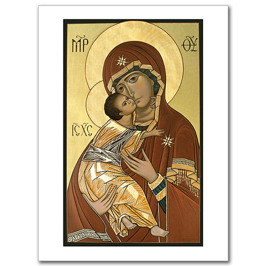This simple and elegant icon of the Virgin and Child is patterned after a very famous original, painted in 12th century Constantinople, and referred to by many names; &ldquo;The Virgin of Tenderness,&quot; &ldquo;The Soul of Russia,&quot; and most frequently, &ldquo;Our Lady of Vladimir.&quot; The optional memorial of Our Lady under this title is celebrated on May 21. Card size 4 3/8&quot; x 6&quot;.
