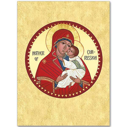 Round rather than the usual rectangle, the shape of this icon recalls the endless love between God and humanity. God seen in the human form of the Child Jesus, and humanity, represented by the Virgin Mary. Mother and Child wear expressions of deepest compassion and tenderness as they contemplate the process of redemption that they have begun together.