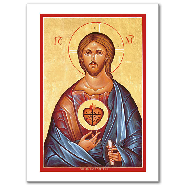 Starting with a traditional icon of Christ Pantocrator, Brother Claude Lane of Mt. Angel Abbey has added the symbol of the Sacred Heart, aflame with love for mankind, bearing the instruments of His suffering. Card size 4 3/8&quot; x 6&quot;.