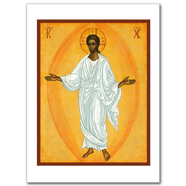 Christ appears before us in this beautiful icon in a robe of brilliant white, recalling the robes worn by the righteous in John&rsquo;s Revelation. The Lord&rsquo;s arms are opened wide in a gesture of welcome but also displaying the wounds of His crucifixion. Jesus invites us to share in His new life by donning white robes of baptism, the ancient symbol of membership in His church. Card size 4 3/8&quot; x 6&quot;.