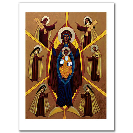 This icon was written to celebrate the great Jubilee of the Lord&rsquo;s Incarnation, but is timeless in its theme. At the center is Christ Emmanuel, the Child of the first coming, surrounded by signs of His second coming in Glory. Behind Him stands Mary, hands raised in prayer, &ldquo;clothed with the sun, with the moon under her feet&quot; as spoken of in Revelation. Six representative saints of Carmel hold out hands of prayerful intercession; the prophet Elijah, Teresa of Avila, Th&eacute;r&egrave;sa o