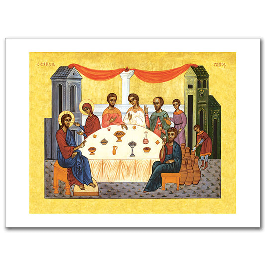 What a beautiful and thoughtful gift for a wedding or anniversary! This wonderful icon depicts Christ&rsquo;s first public miracle, the changing of water into wine at the request of His mother, as described in the Gospel of John (2:1-11). Card size 4 3/8&quot; x 6&quot;.