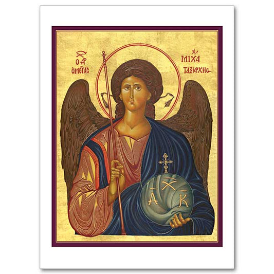 Icon image of St. Michael the Archangel shown holding a scepter in his right hand and a globe in his left hand.