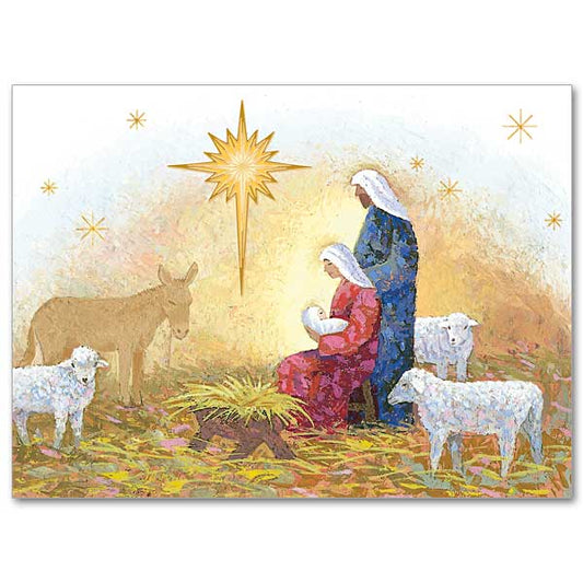 Mary holding Jesus while Joseph stands guard. The animals in the stable look on as the star of Bethlehem shines brightly at center top.