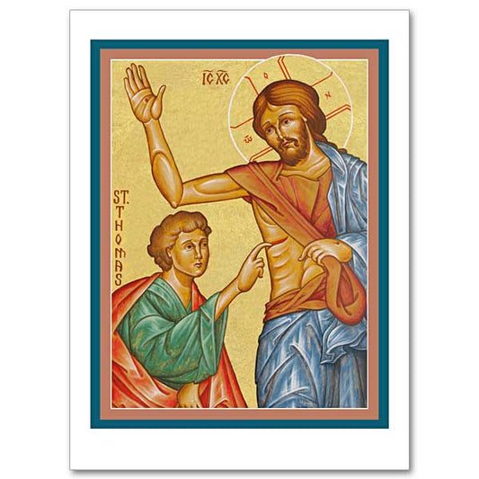 An icon image of St. Thomas placing his finger in the side of the wounded Christ. Also called &quot;The touching of Thomas&quot;. 