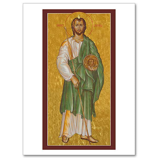 Icon image of St. Jude, patron of desperate situations and of hospitals. He wears a green mantle over a white tunic and carries a staff in his left hand and an image of Jesus in his right.