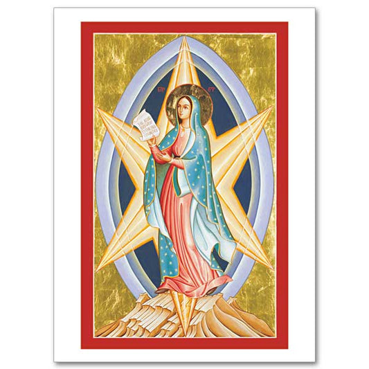 An icon image of Mary, dressed as Our Lady of Guadalupe, standing atop a mountain. She stands in front of a golden star and is surrounded by a blue mandorla. The image represents three three visitations of Mary: she visits her cousin Elizabeth, she visits the people of America (apparation at Tepeyac to St. Juan Diego), and now she is visiting us.