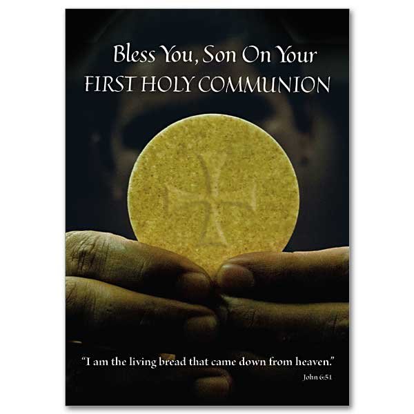 A photo of the hands of a priest holding the sacred host. The image of the priest is faintly visible in the dark background.