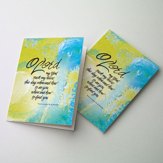 Inspirational prayers on the cover. Calligraphy in black on a background of olive, green and blue. Inside blanks to write your own message.