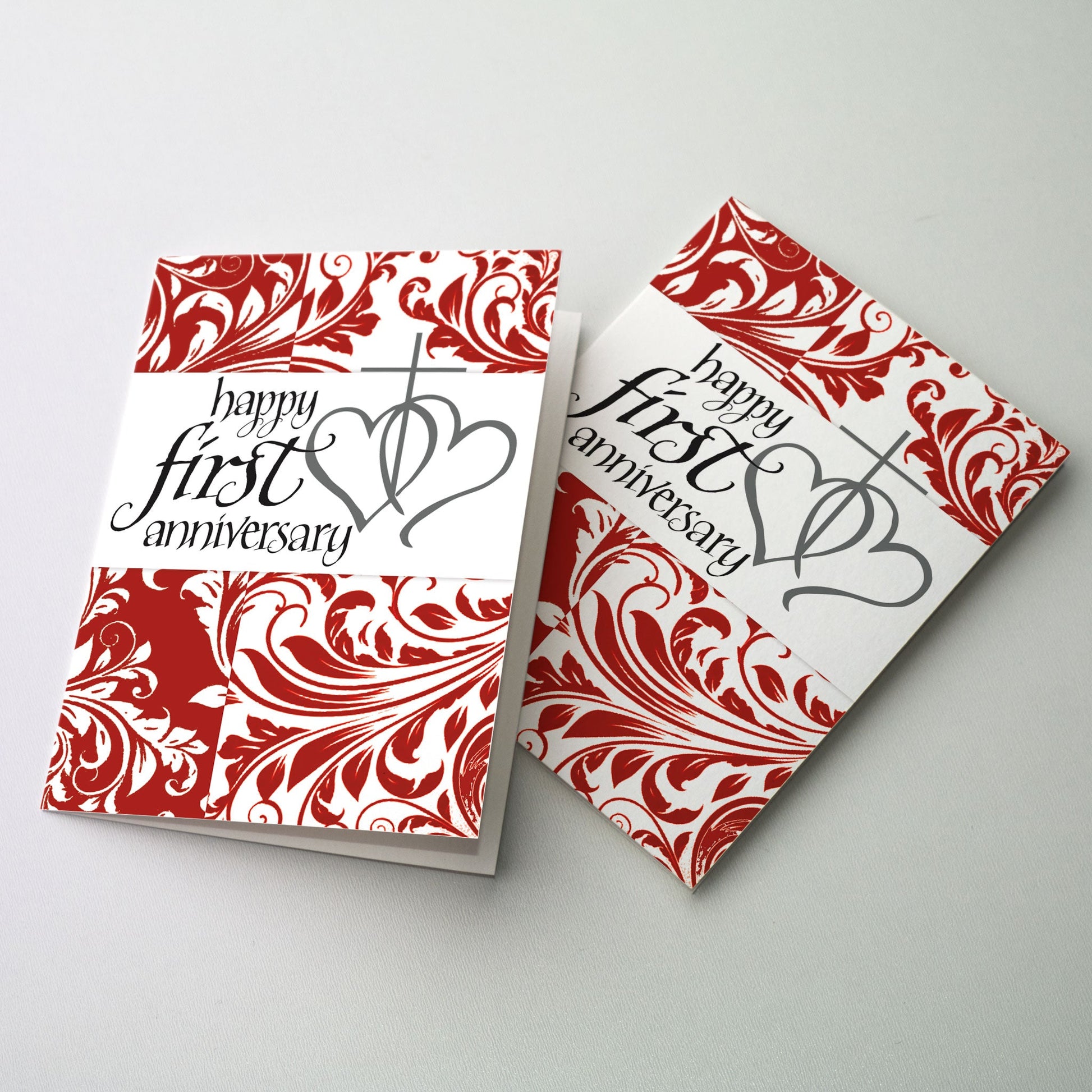 Red floral pattern with calligraphy and hearts.