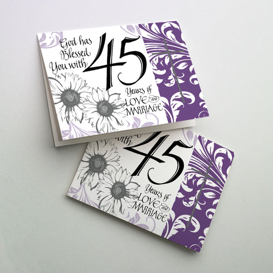 Purple floral pattern with calligraphy and sunflowers.