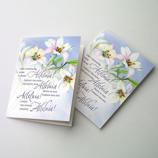 Easter card with lilies featuring the first verse of the song Love&#39;s redeeming work is done