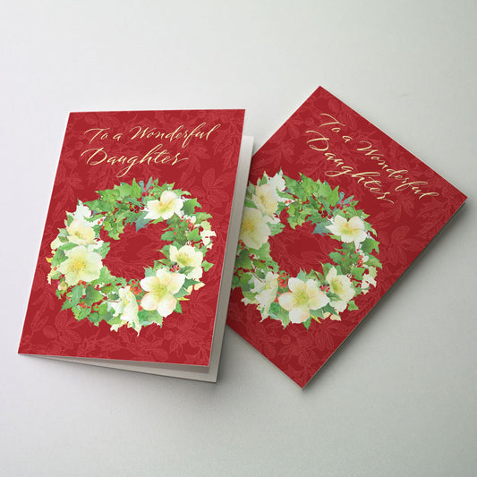 Wreath of Christmas roses on red background