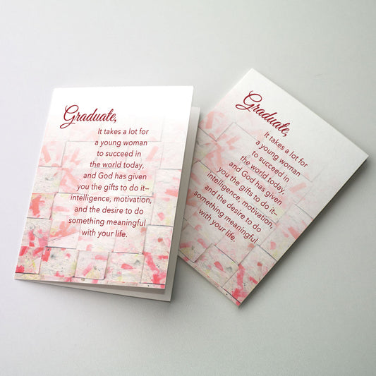 Sentiment on cover with a pink woven paper background, a white gradation from the top, and red type
