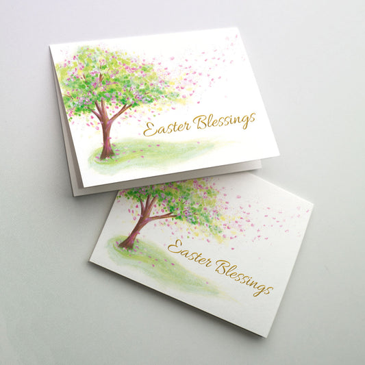 Blossoming tree with blossoms scattering in the wind. Cover calligraphy in gold metallic ink.