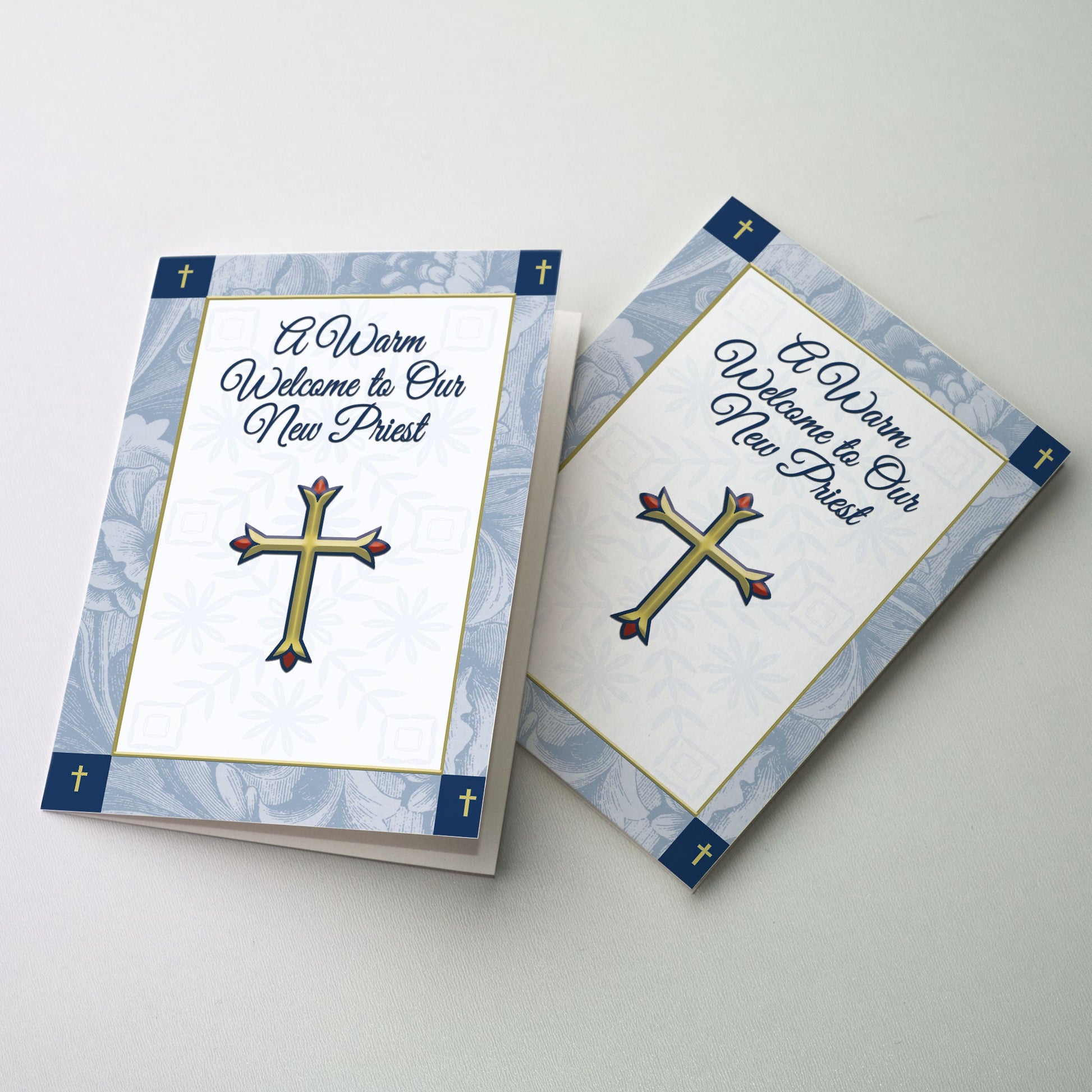 Navy patterned border surrounds cross and cover message