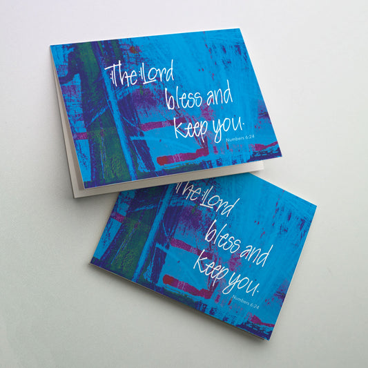 Colorful blue and purple background sets off white cover calligraphy of the Scripture Verse.