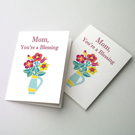 Softly colored stenciled flowers in a vase on a plain white background with the title of the card above the graphic in a burgundy red. 