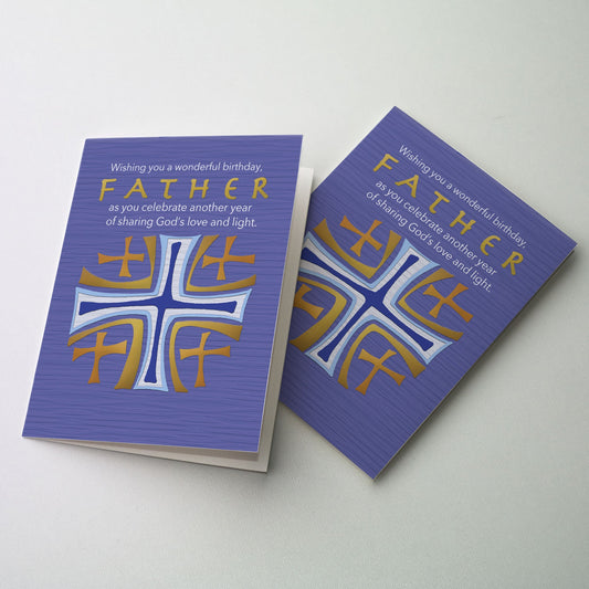 Modern Jerusalem cross design in blue, violet, and gold; the cover text emphasizes the endearing title of the sender&#39;s priest, namely, Father. 