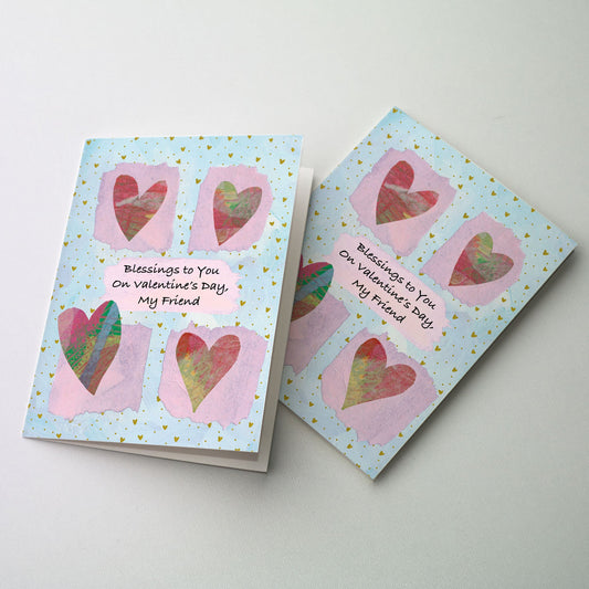Softly colored hearts in torn paper with light blue background