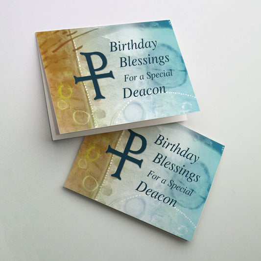 Have a deacon in your church community? Let him know how special he is with this elegant birthday card. Painterly lines by artist Roann Mathias express a shower of birthday blessings. The sacred monogram for Christ spans the art and cover title. Horizontal fold. 