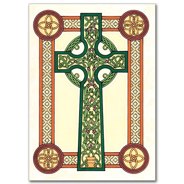Cards are printed on recycled paper and measure 5 x 7 inches. Green Celtic Cross inside of an orange Celtic border on a cream colored background.