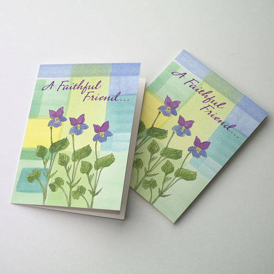 Purple and blue flowers on a pastel yellow, turquoise and blue ground. The cards measure 5&quot; x 7&quot;. Printed on recycled paper.