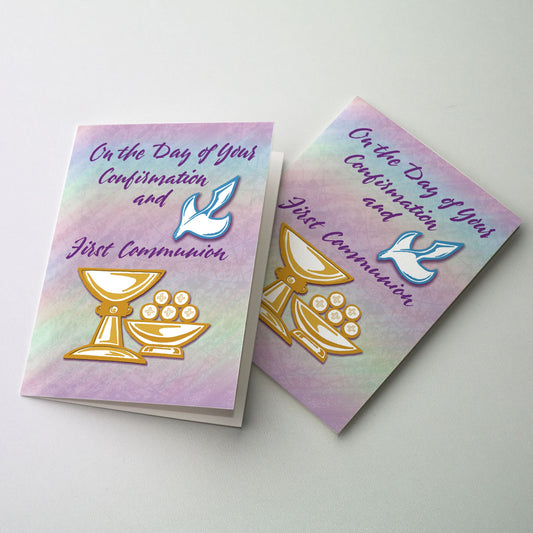 Chalice and ciborium of hosts with dove above. In some dioceses, Confirmation and First Communion are celebrated together, a practice described as &quot;Restored Order.&quot; Here is an appropriate card to congratulate the recipient of these two sacraments. 5&quot; by 7&quot;.
