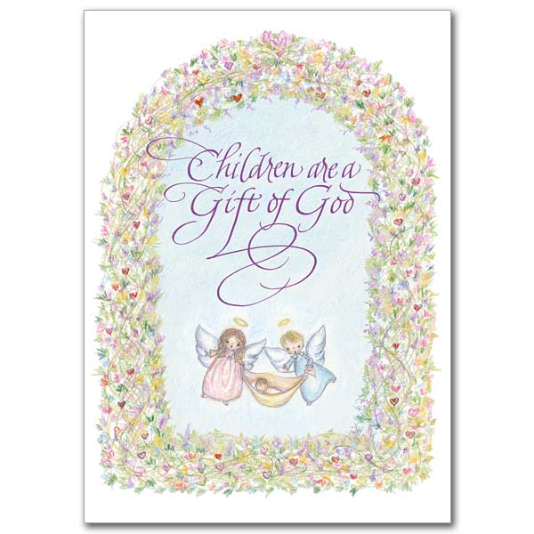 Image of two angels carrying a baby bundle with a floral arched border.