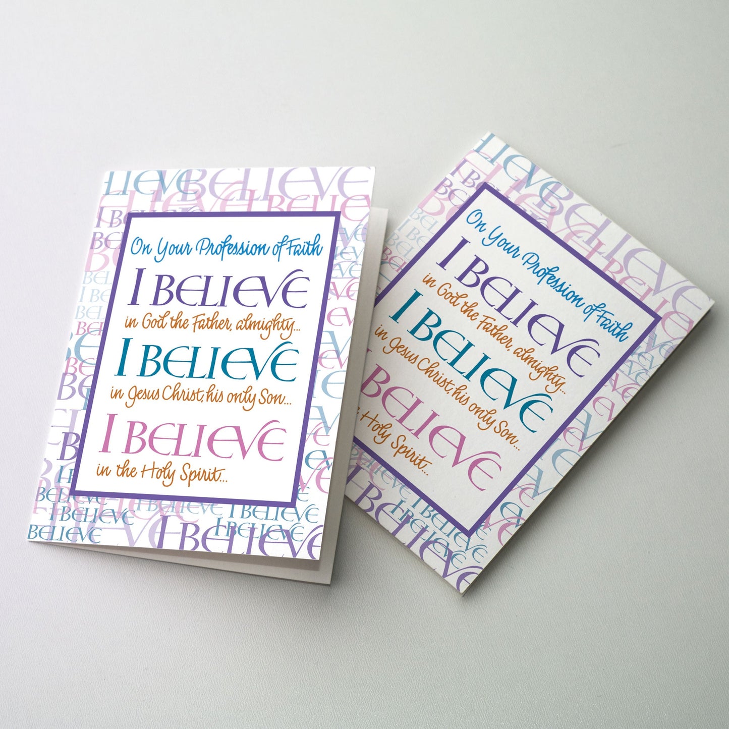 &quot;I believe&quot; treated as a background pattern with central lettering panel