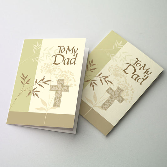 Branches and seed pods with floral cross on a ground of beige, olive and brown