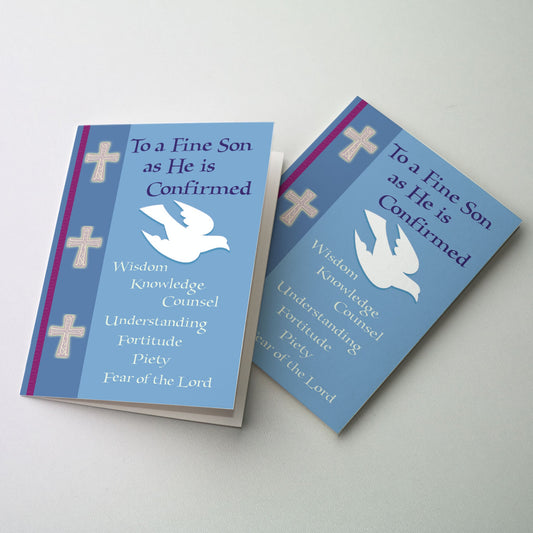 Rejoice with that special son receiving the sacrament of Confimation. The card has a dove on blue background with lettering; crosses in vertical panel at left. 5&quot; x 7&quot; card with matching envelope.