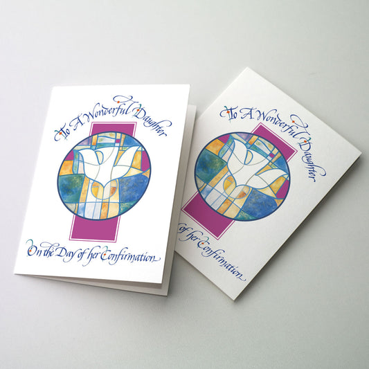 Rejoice with that special daughter receiving the sacrament of Confimation. The card has a stained glass window of Holy Spirit on magenta panel. 5&quot; x 7&quot; card with matching envelope.