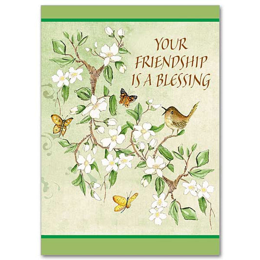 Image of a chirping brown bird and three butterflies on a branch of white dogwood blossoms. The background is in shades of light green with darker bands of green forming the top and bottom borders.