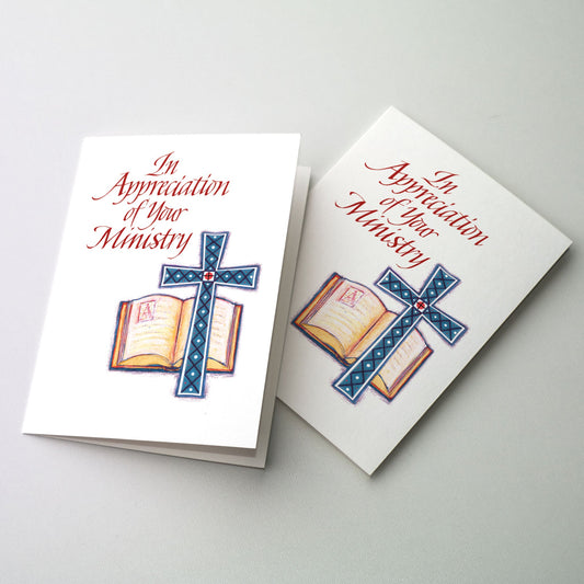 Painted illustration of a blue colored cross with a diamond pattern before an open book of scripture with an illuminated start letter &quot;A&quot;. Appropriate as a thank you or retirement card for priests, deacons, other clergy, ministers, or religious.