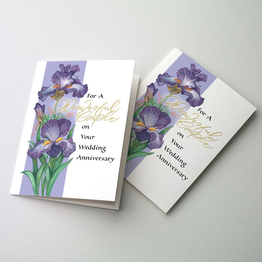 Painting of two Iris blossoms on a purple panel at the left edge of the card with a white lettering panel at the right.