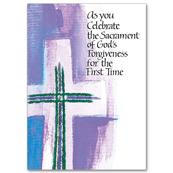 A watercolor cross made up of three lines (green, purple, green) against a light silhouette of a larger cross on a purple background.