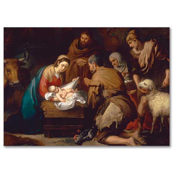 Bartolome Murillo&#39;s adoration of the shepherds. Mary presents the Christ Child to a group of adoring shepherds. A lamb looks upon the scene from the right and a cow from the left.