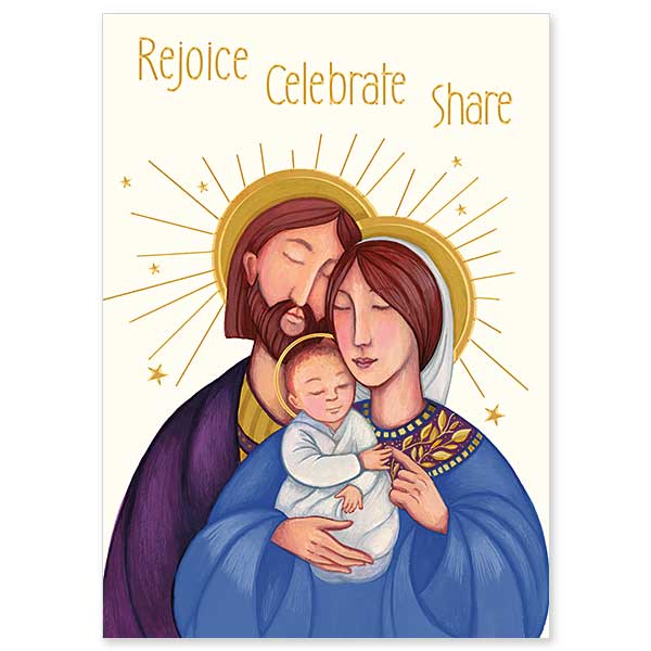 A contemporary illustration of the Holy Family with Mary holding Jesus and Joseph leaning close to Mary. Jesus&#39; fingers reach out to grasp Mary&#39;s hand. 