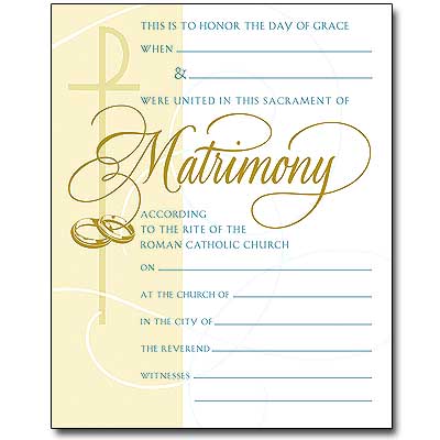 Document and celebrate sacramental marriage! Full color certificates printed on premium stock, 8&quot; x 10&quot;, perfect for laser printing or calligraphy. Also a good size to fit standard picture frames. 