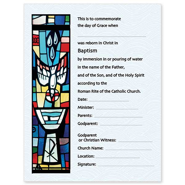 A baptism certificate designed for commemorative and official use in the Catholic Church. The back provides space for recording other sacraments.