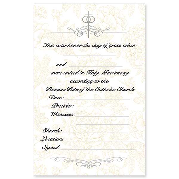 A Certificate of Matrimony designed for both commemorative and official use in the Catholic Church. 