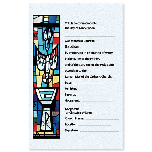 A baptism certificate designed for commemorative and official use in the Catholic Church. The back provides space for recording other sacraments.