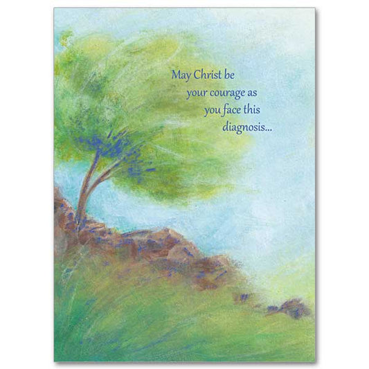 Pastel illustration of a beautiful green tree on a rocky hillside surrounded by green wildgrasses. A blue sky is in the background.