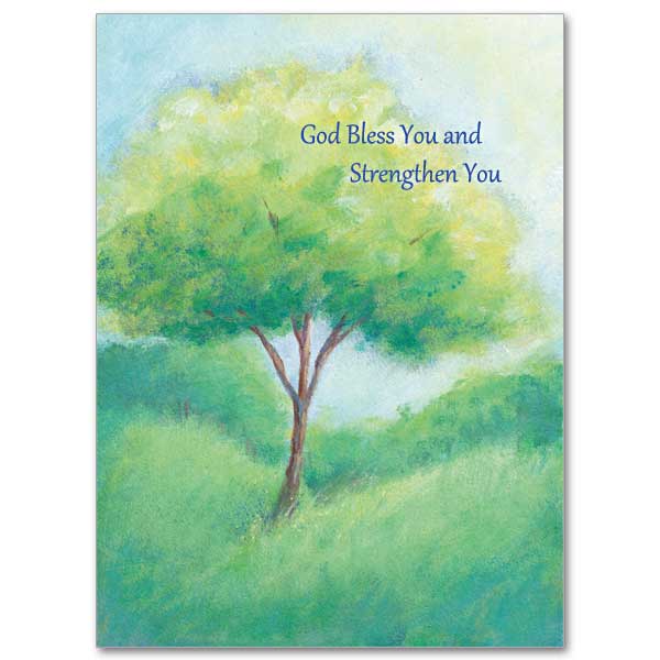Pastel illustration of a beautiful green tree in the midst of a tree-lined meadow.